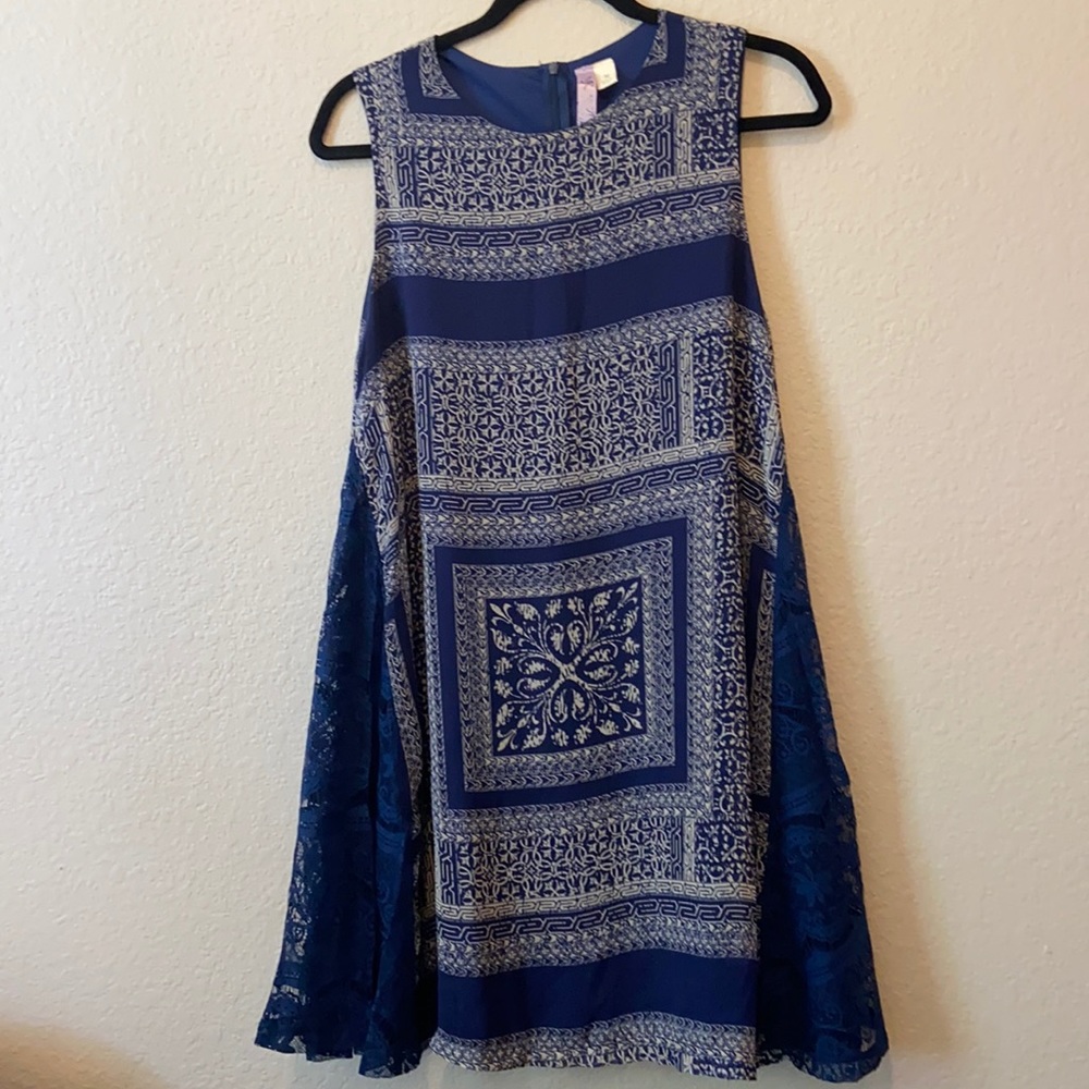 Blue and Cream Dress with Lace Detail